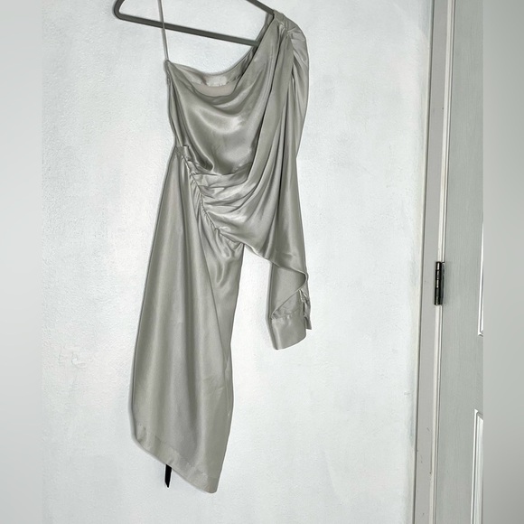 Retrofete Silver Silk Asymmetrical Ruched Neva Dress. Size XS - Picture 3 of 15
